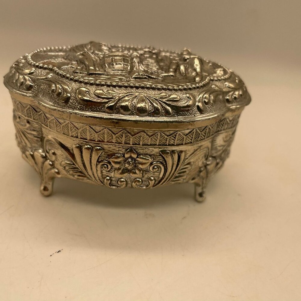 Vintage Silver Ornate Oval Casket Japanese Footed Jewelry Box Red Velvet Lined - Picture 3 of 6